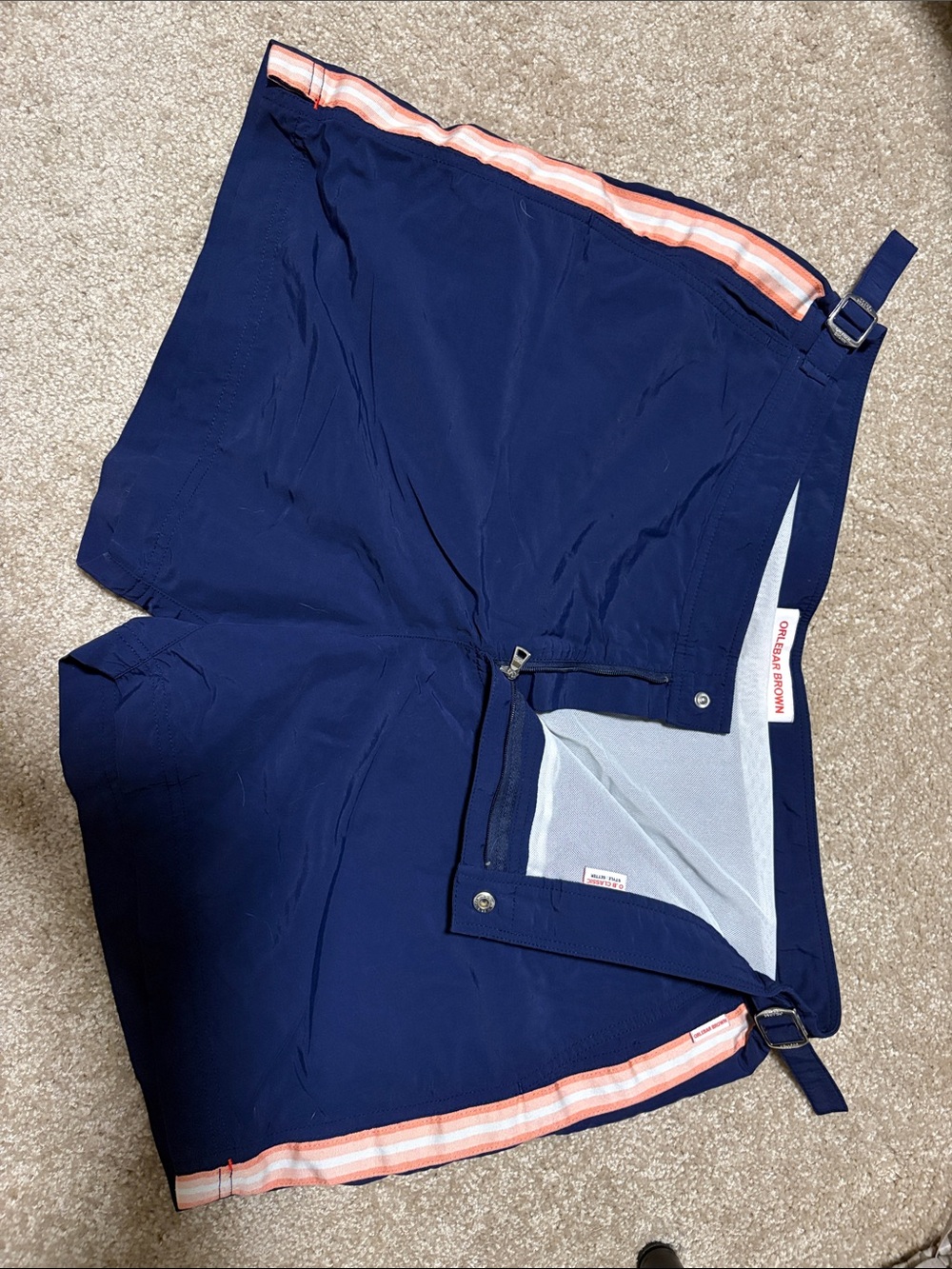 Orlebar Brown Navy Swim Trunks with Pink-Orange Stripe Trim